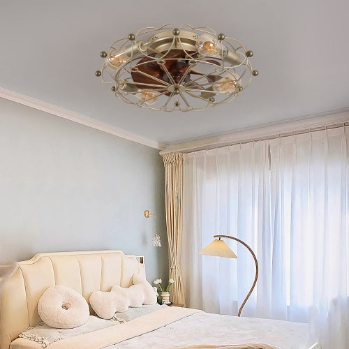 Low Profile Cage Ceiling Fan With Light Remote Control, Built-in Modern Industrial Ceiling Fan